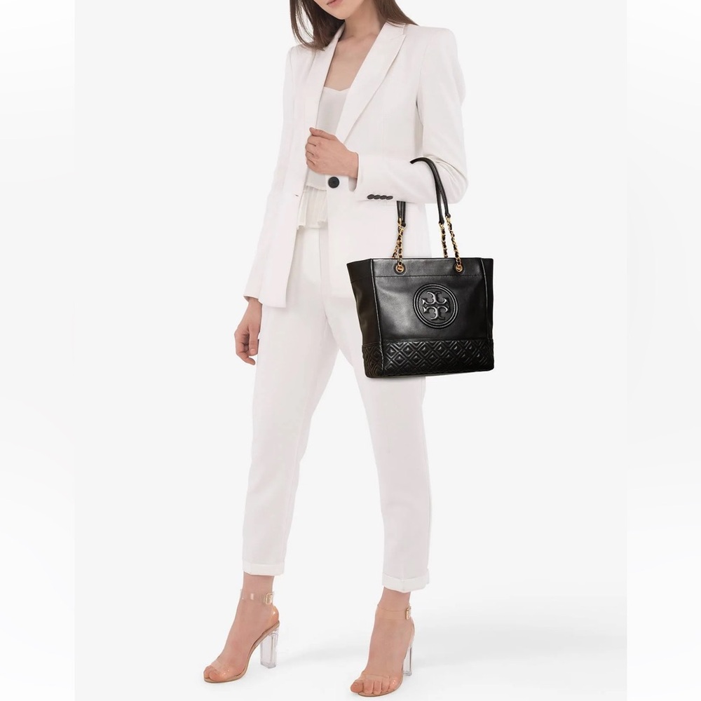 Tory Burch Fleming Black Quilted Lambskin Leather Chain Strap Tote